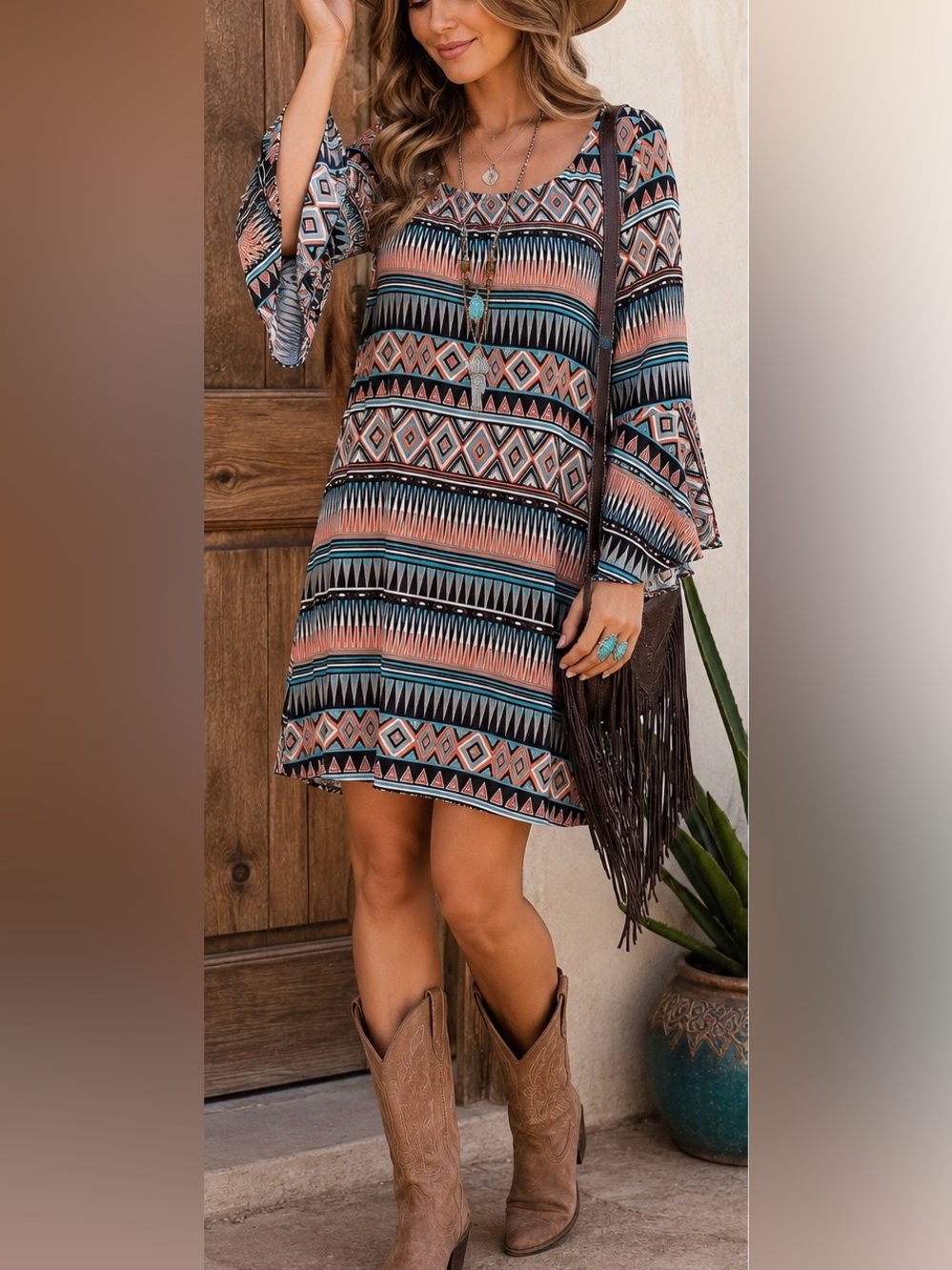 Scully Geometric Bell Sleeve Shift Dress Boho Southwestern Mini Dress | Small